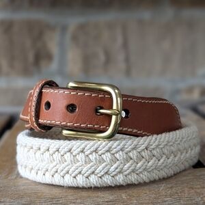 VTG 80s Eddie Bauer Woven Braided Rope Belt Medium Leather Brass Nautical
